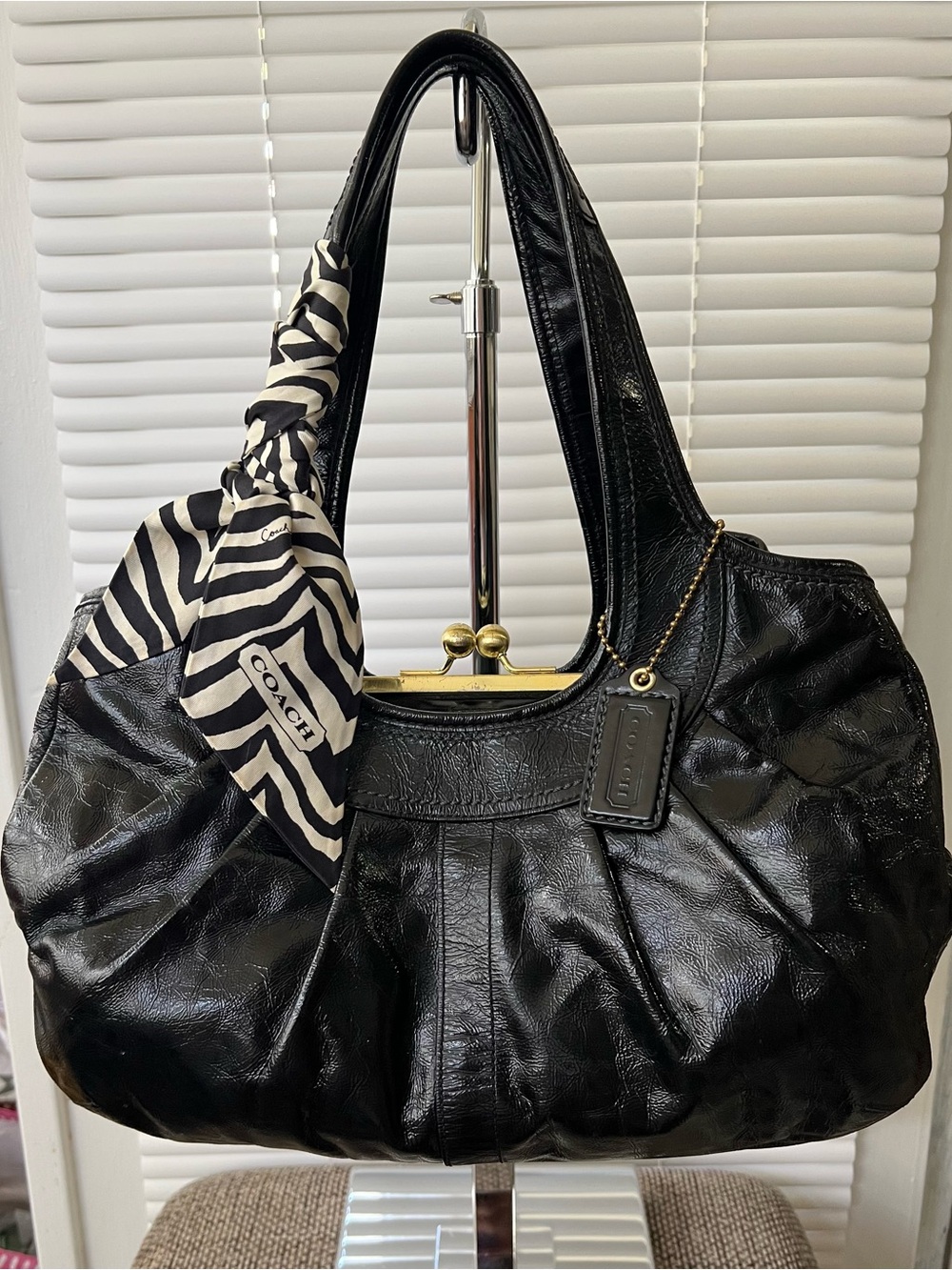 Coach 2008 Ergo Pleated Patent Leather Kisslock + Coach Zebra Print Scarf Y2K
